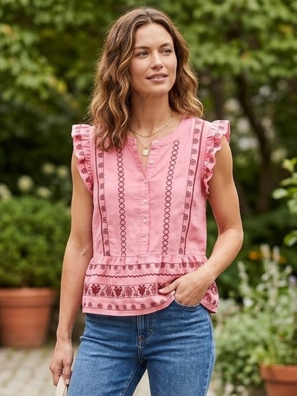 LOFT Pink Sleeveless Embroidered Peplum Blouse, Women’s Small Petite